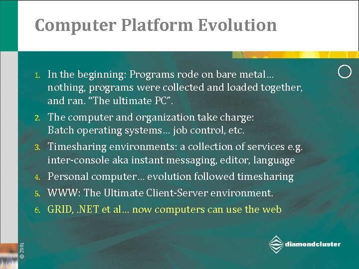 Computer Platform Evolution 5. In the beginning: Programs rode on bare metal… nothing, programs