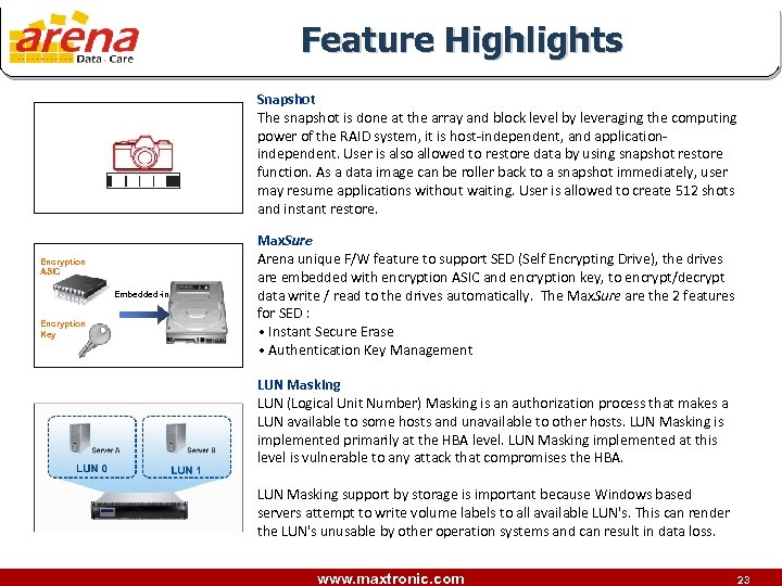 Feature Highlights Snapshot The snapshot is done at the array and block level by