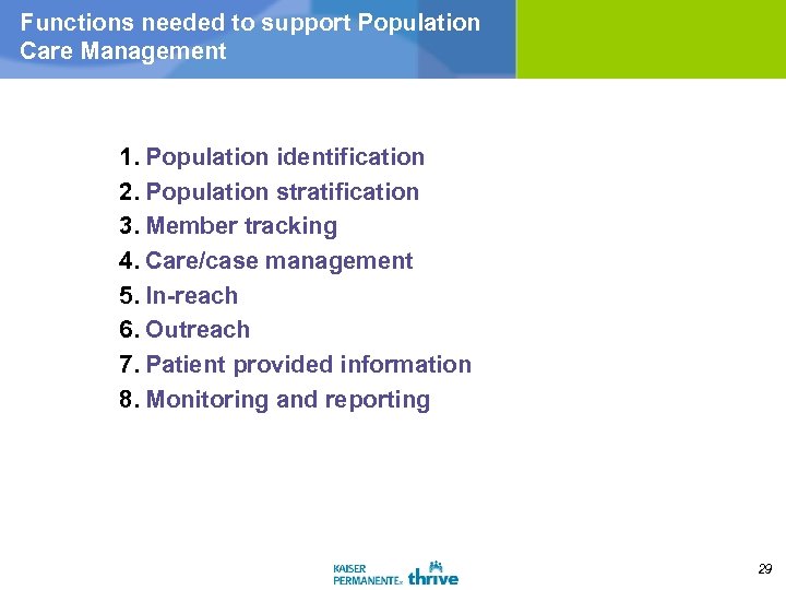 Functions needed to support Population Care Management 1. Population identification 2. Population stratification 3.