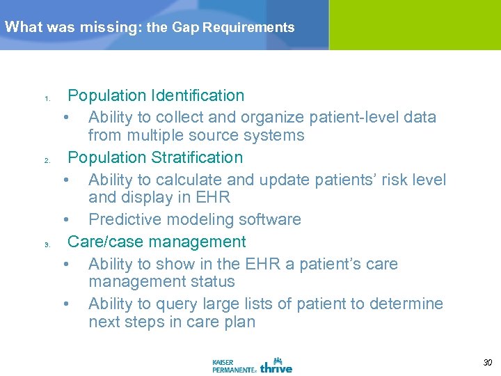 What was missing: the Gap Requirements 1. 2. 3. Population Identification • Ability to