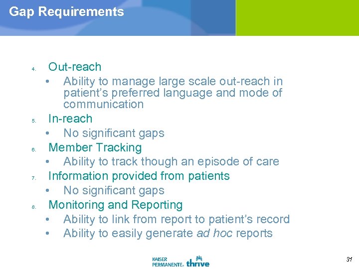 Gap Requirements 4. 5. 6. 7. 8. Out-reach • Ability to manage large scale