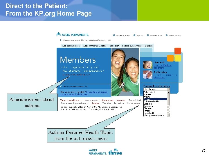 Direct to the Patient: From the KP. org Home Page Announcement about asthma Asthma
