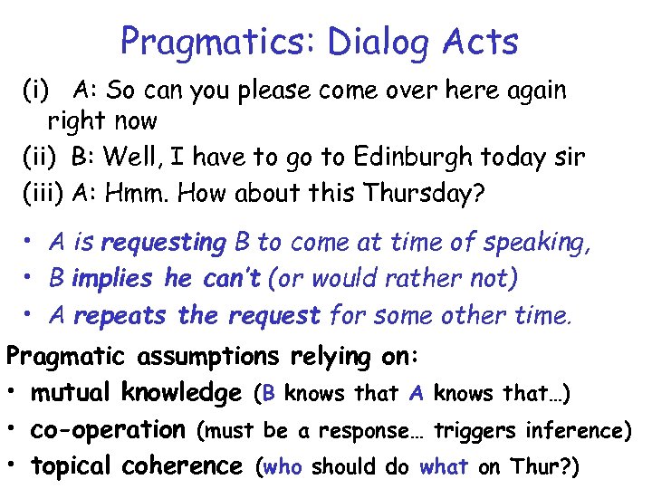 Pragmatics: Dialog Acts (i) A: So can you please come over here again right