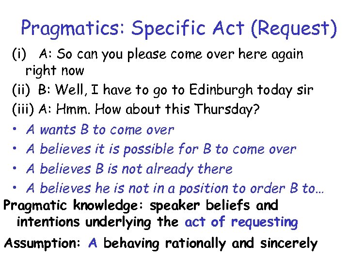 Pragmatics: Specific Act (Request) (i) A: So can you please come over here again