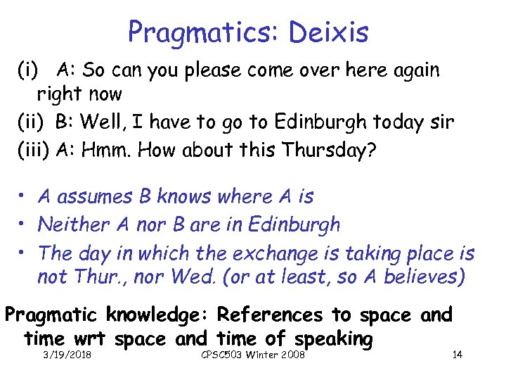 Pragmatics: Deixis (i) A: So can you please come over here again right now