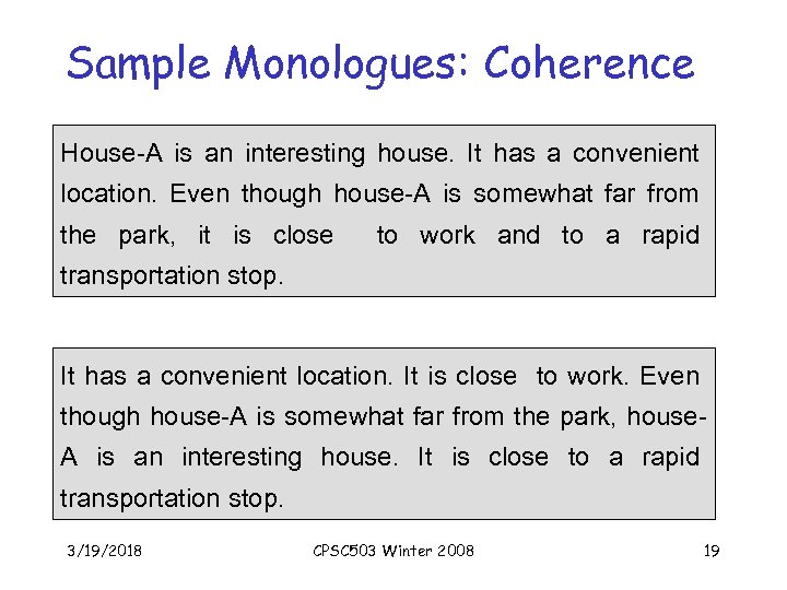 Sample Monologues: Coherence House-A is an interesting house. It has a convenient location. Even