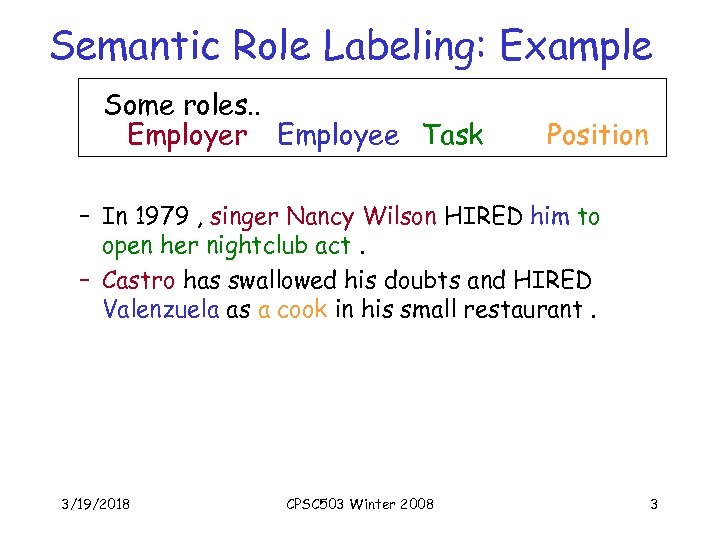Semantic Role Labeling: Example Some roles. . Employer Employee Task Position – In 1979
