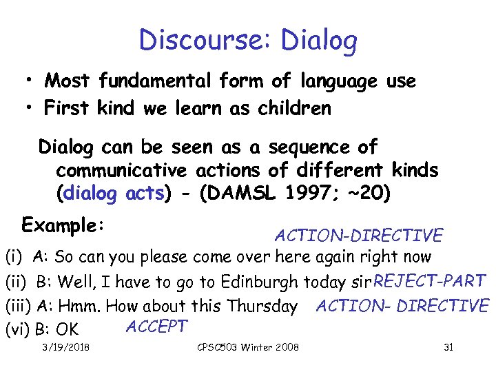 Discourse: Dialog • Most fundamental form of language use • First kind we learn