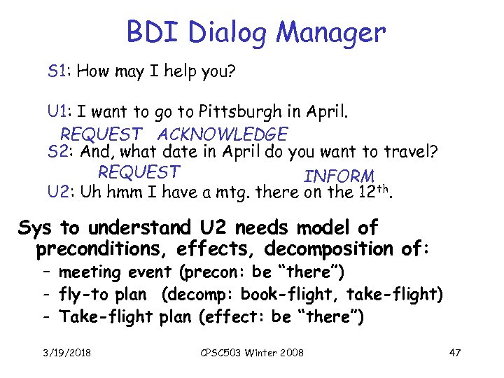 BDI Dialog Manager S 1: How may I help you? U 1: I want