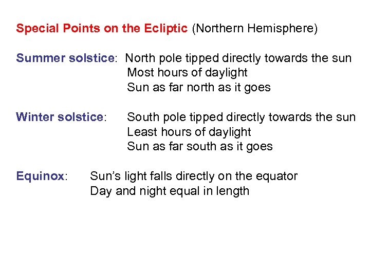 Special Points on the Ecliptic (Northern Hemisphere) Summer solstice: North pole tipped directly towards