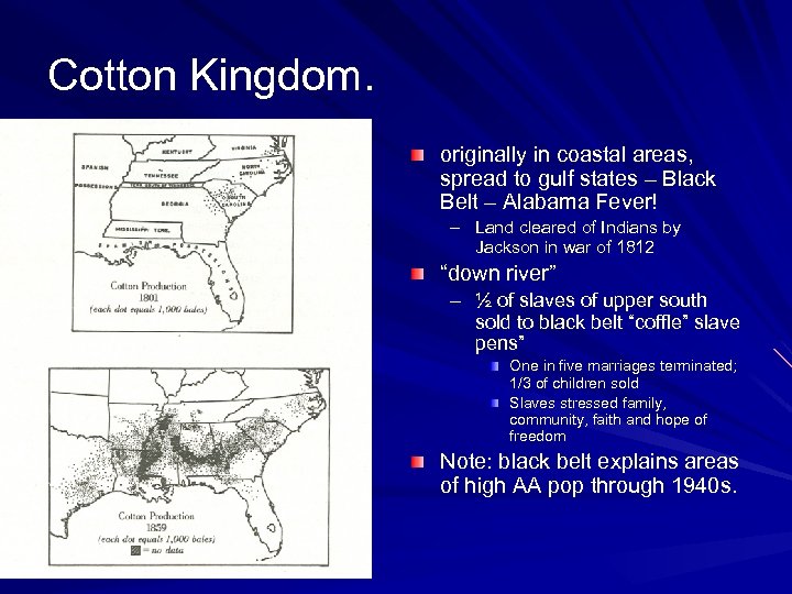 Cotton Kingdom. originally in coastal areas, spread to gulf states – Black Belt –