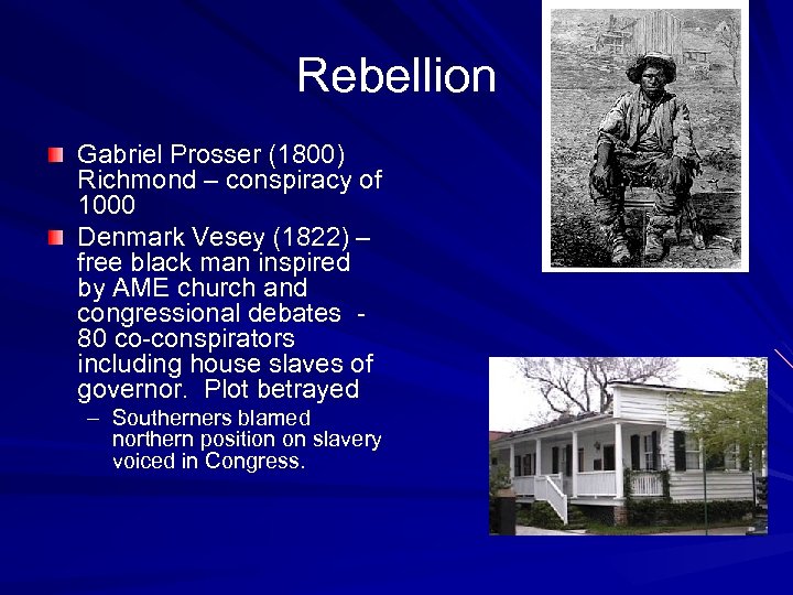 Rebellion Gabriel Prosser (1800) Richmond – conspiracy of 1000 Denmark Vesey (1822) – free