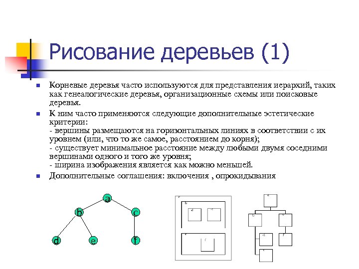Рисование деревьев (1) n n n Корневые деревья часто используются для представления иерархий, таких