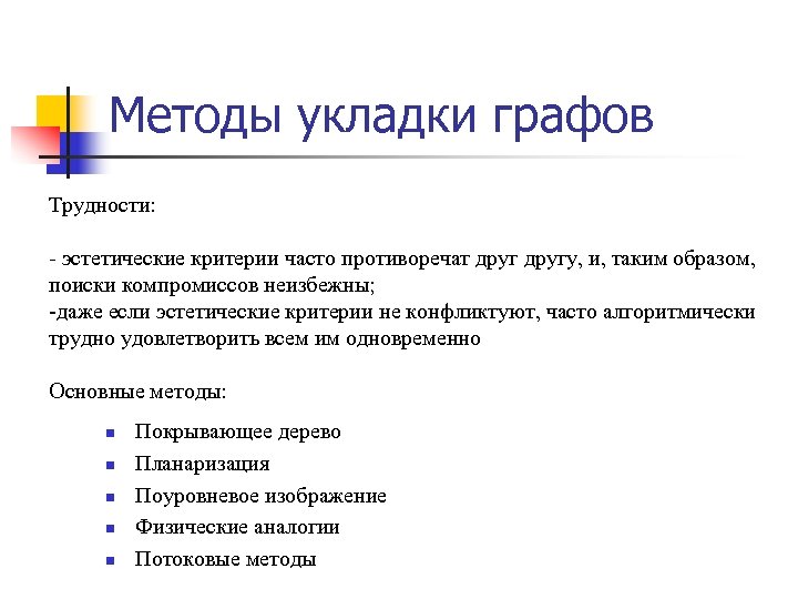 Методы укладки графов Трудности: - эстетические критерии часто противоречат другу, и, таким образом, поиски