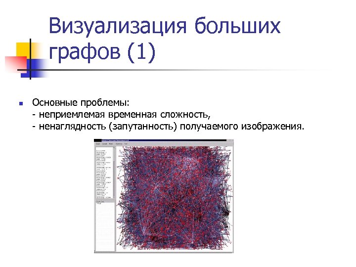 Визуализация больших графов (1) n Основные проблемы: - неприемлемая временная сложность, - ненаглядность (запутанность)