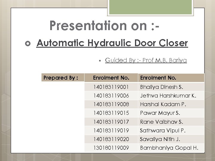 Presentation on : Automatic Hydraulic Door Closer § Prepared By : Guided By :