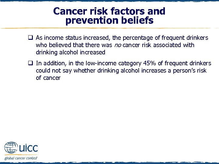 Cancer risk factors and prevention beliefs q As income status increased, the percentage of