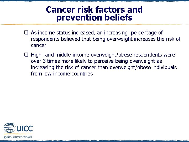Cancer risk factors and prevention beliefs q As income status increased, an increasing percentage