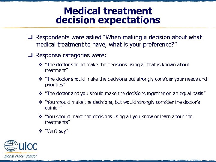 Medical treatment decision expectations q Respondents were asked “When making a decision about what