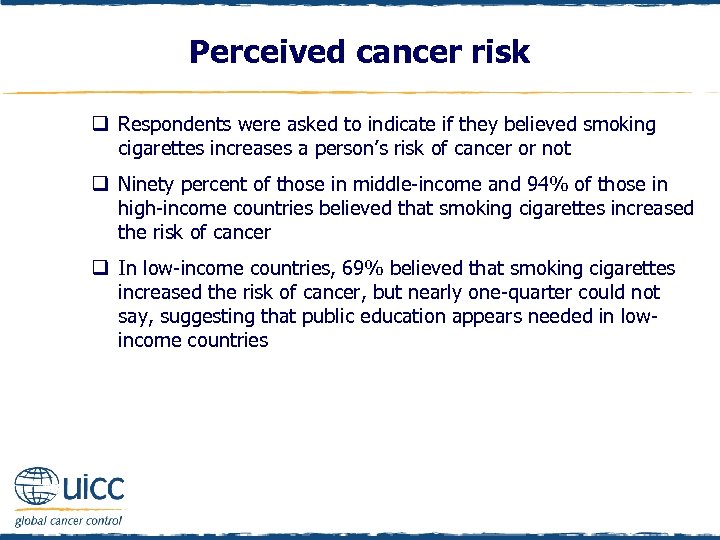 Perceived cancer risk q Respondents were asked to indicate if they believed smoking cigarettes