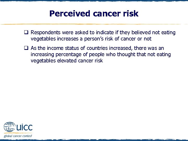 Perceived cancer risk q Respondents were asked to indicate if they believed not eating