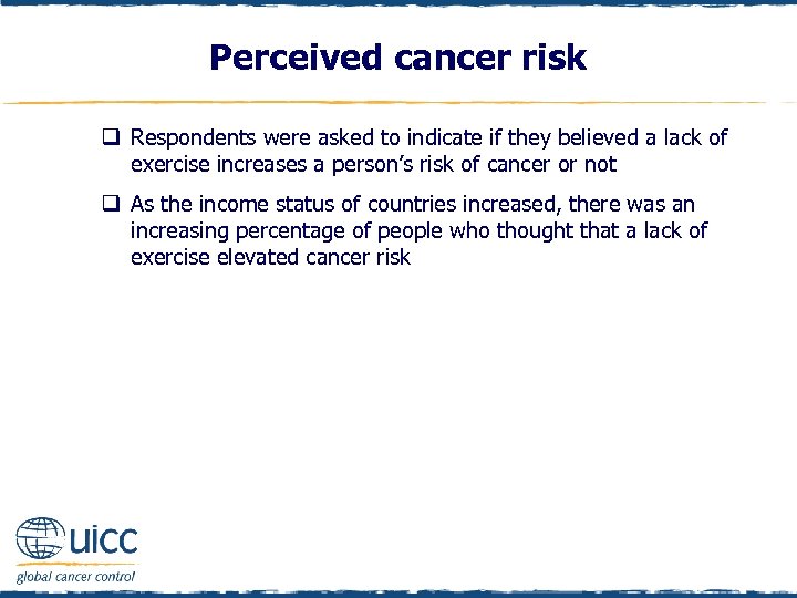 Perceived cancer risk q Respondents were asked to indicate if they believed a lack