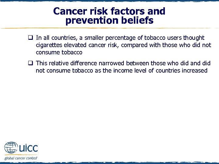 Cancer risk factors and prevention beliefs q In all countries, a smaller percentage of