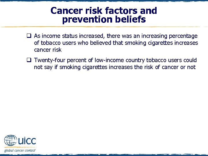 Cancer risk factors and prevention beliefs q As income status increased, there was an