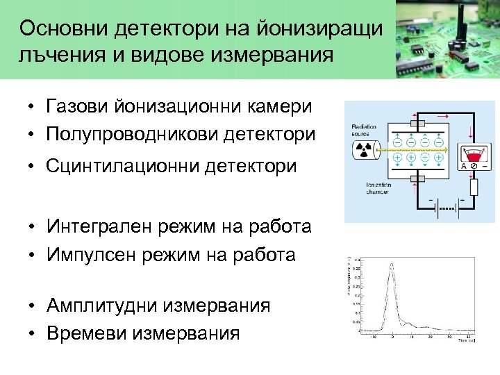 Основни детектори на йонизиращи лъчения и видове измервания • Газови йонизационни камери • Полупроводникови