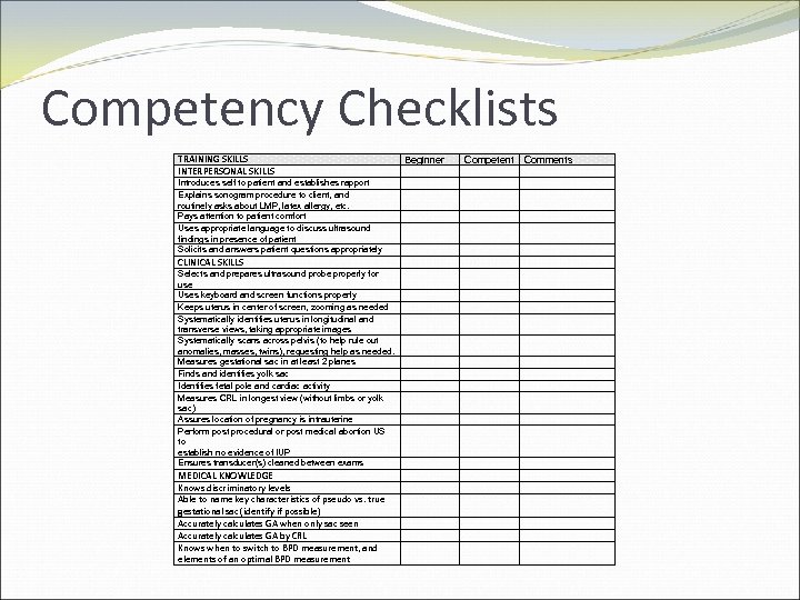 Competency Checklists TRAINING SKILLS INTERPERSONAL SKILLS Introduces self to patient and establishes rapport Explains