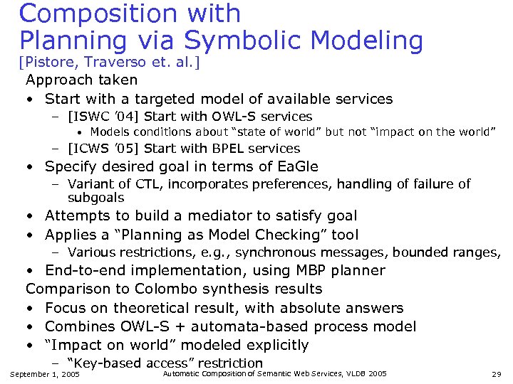 Composition with Planning via Symbolic Modeling [Pistore, Traverso et. al. ] Approach taken •