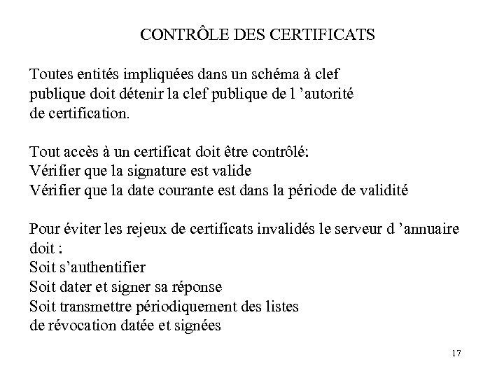 CONTRÔLE DES CERTIFICATS Toutes entités impliquées dans un schéma à clef publique doit détenir