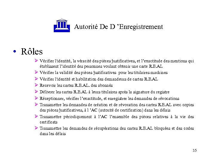  Autorité De D ’Enregistrement • Rôles Ø Vérifier l'identité, la véracité des pièces