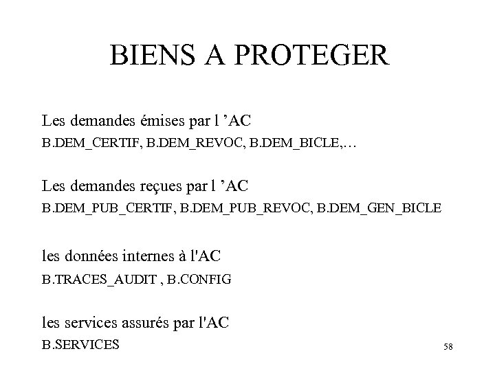 BIENS A PROTEGER Les demandes émises par l ’AC B. DEM_CERTIF, B. DEM_REVOC, B.