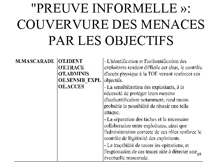 "PREUVE INFORMELLE » : COUVERVURE DES MENACES PAR LES OBJECTIFS 69 