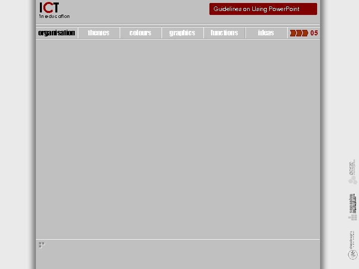ICT Guidelines on Using Power. Point in education organisation themes colours graphics functions ideas