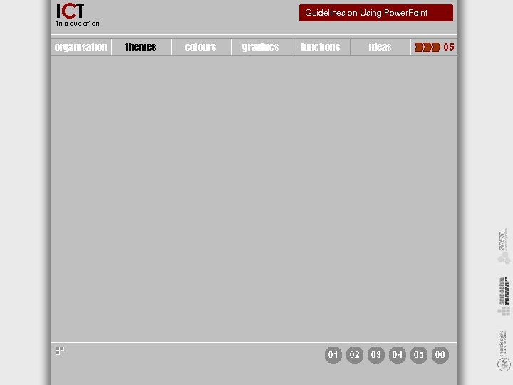 ICT Guidelines on Using Power. Point in education organisation themes colours graphics functions ideas