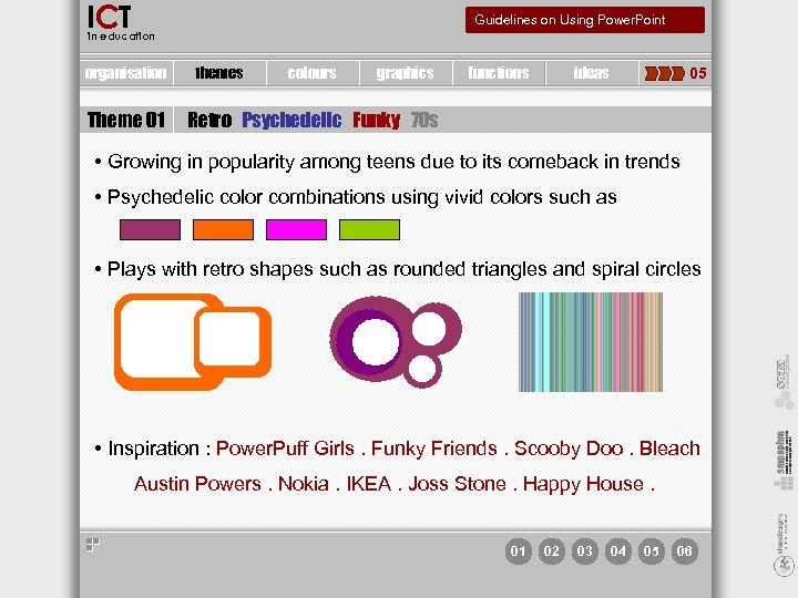 ICT Guidelines on Using Power. Point in education organisation Theme 01 themes colours graphics