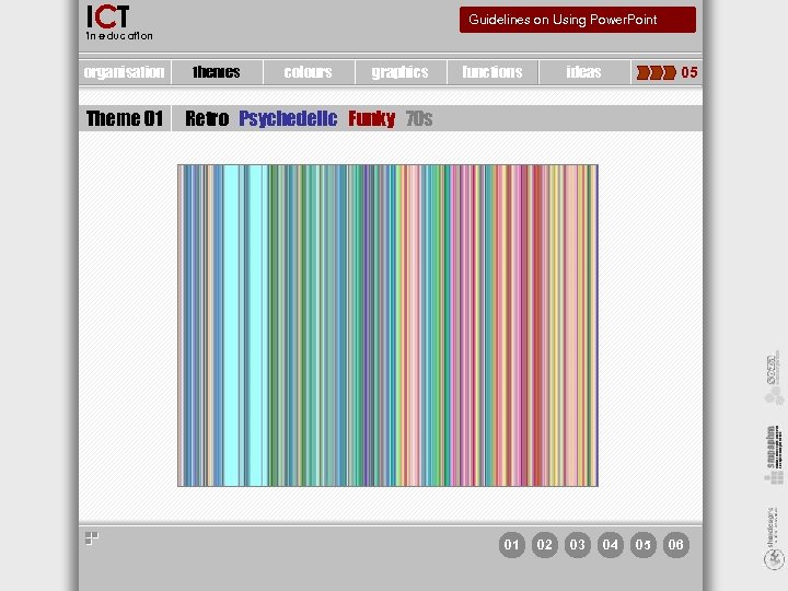 ICT Guidelines on Using Power. Point in education organisation Theme 01 themes colours graphics