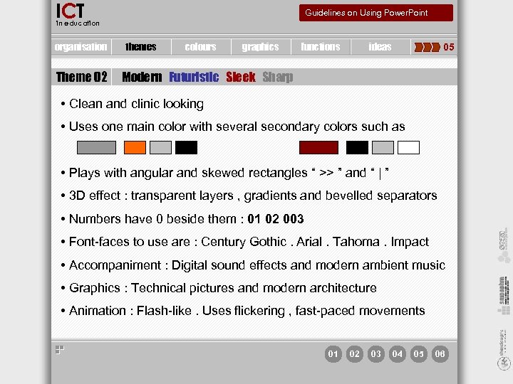 ICT Guidelines on Using Power. Point in education organisation Theme 02 themes colours graphics