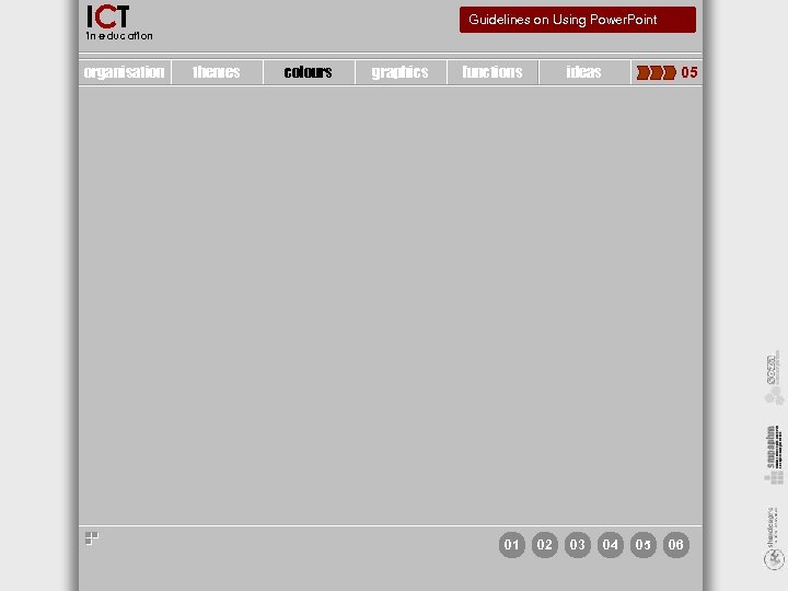 ICT Guidelines on Using Power. Point in education organisation themes colours graphics functions ideas