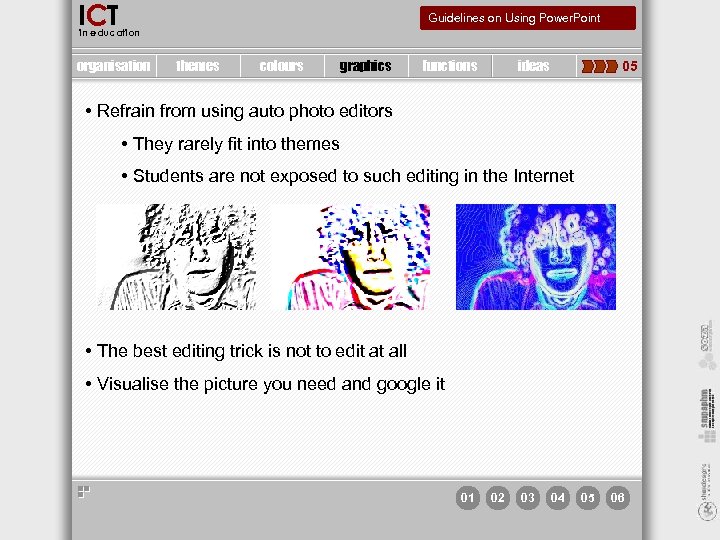 ICT Guidelines on Using Power. Point in education organisation themes colours graphics functions ideas