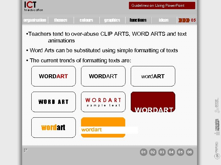 ICT Guidelines on Using Power. Point in education organisation themes colours graphics functions ideas