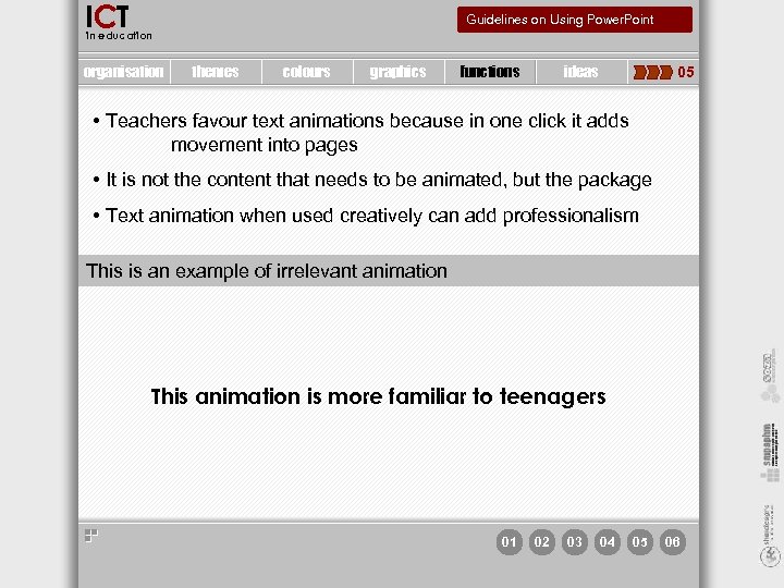 ICT Guidelines on Using Power. Point in education organisation themes colours graphics functions ideas