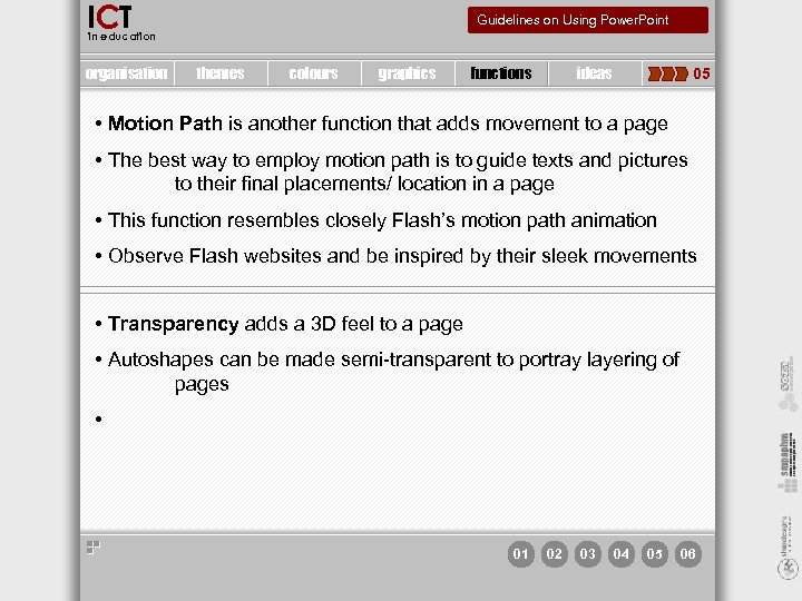 ICT Guidelines on Using Power. Point in education organisation themes colours graphics functions ideas