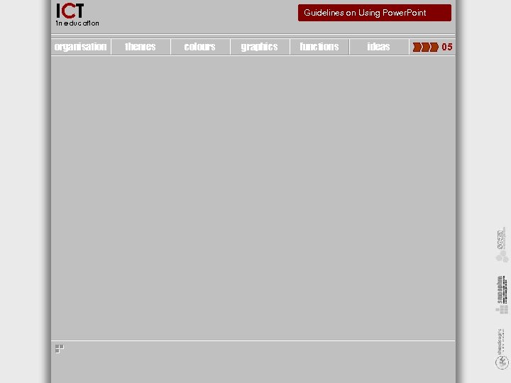 ICT Guidelines on Using Power. Point in education organisation themes colours graphics functions ideas