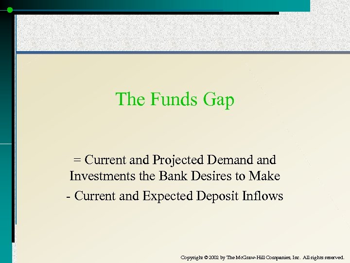 The Funds Gap = Current and Projected Demand Investments the Bank Desires to Make