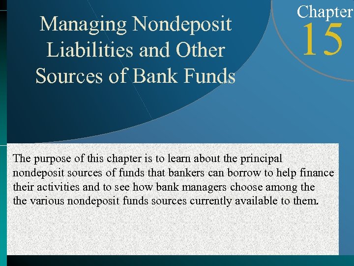 Managing Nondeposit Liabilities and Other Sources of Bank Funds Chapter 15 The purpose of