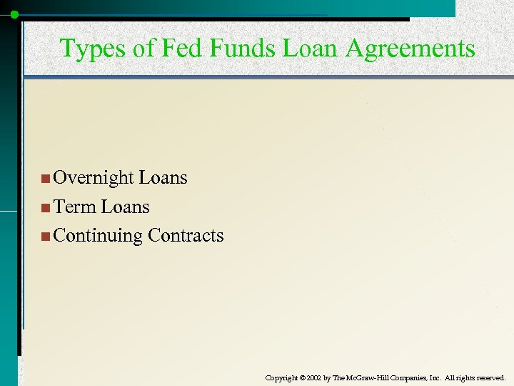 Types of Fed Funds Loan Agreements n Overnight Loans n Term Loans n Continuing