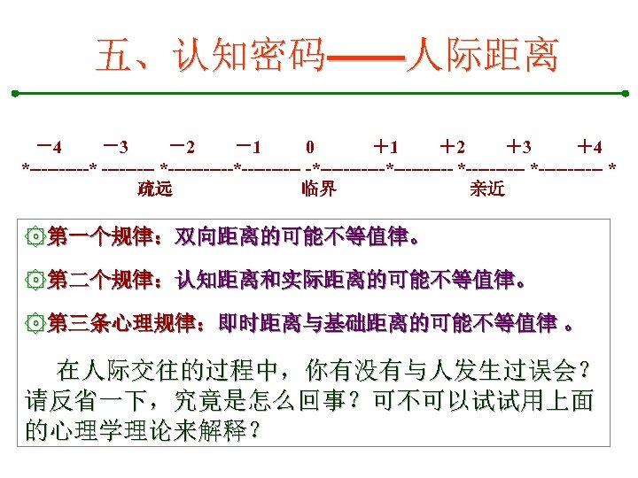 五、认知密码——人际距离 －4　 　－3　　 －2　　 －1　　 0　　　 ＋1　　 ＋2　　 ＋3　　 ＋4　 *-----* ----- *------*---------- *-----------